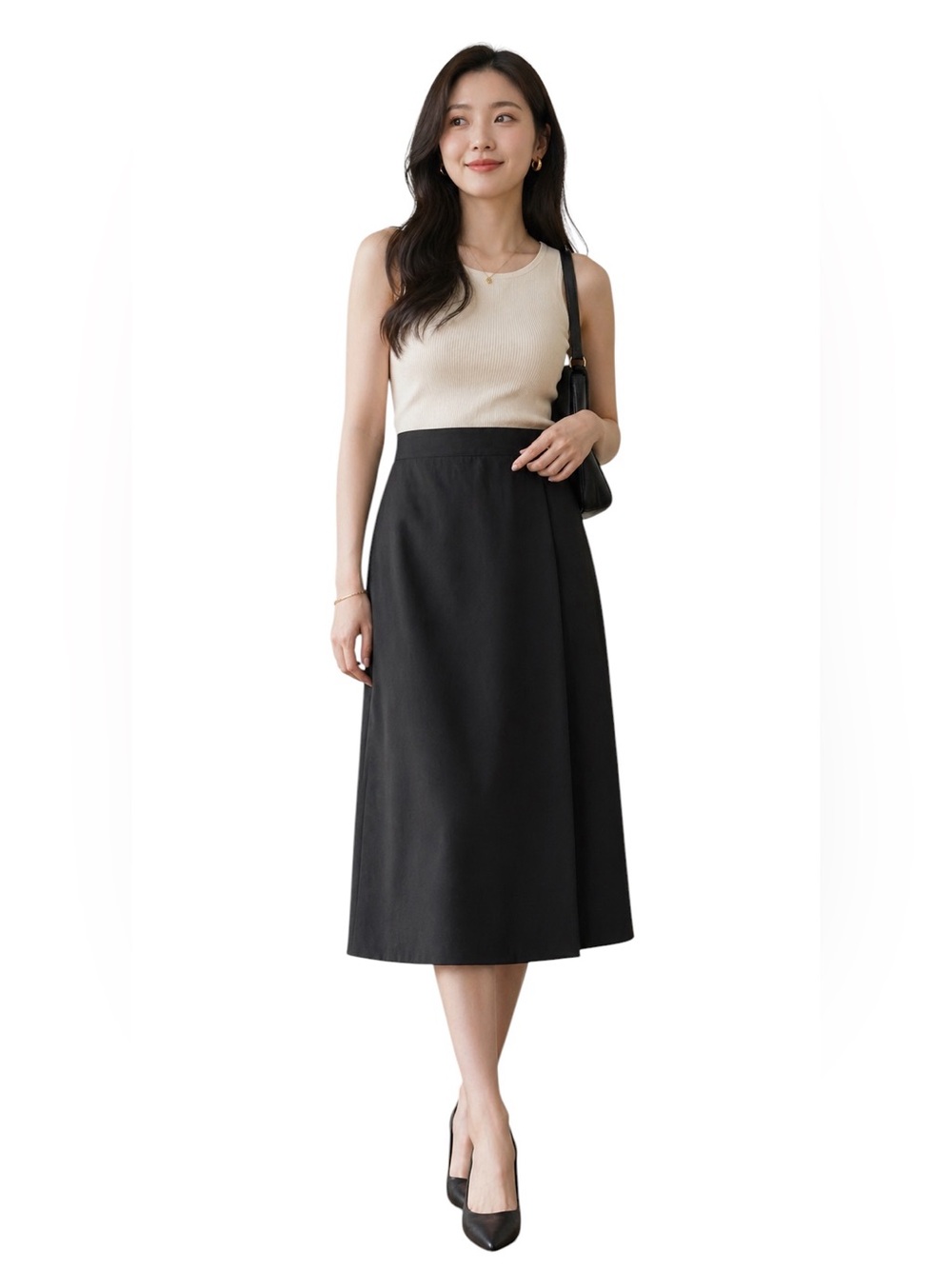 Vintage Tofy High-Waist Black Midi Skirt‎ — Classic A-Line Silhouette, Size 16